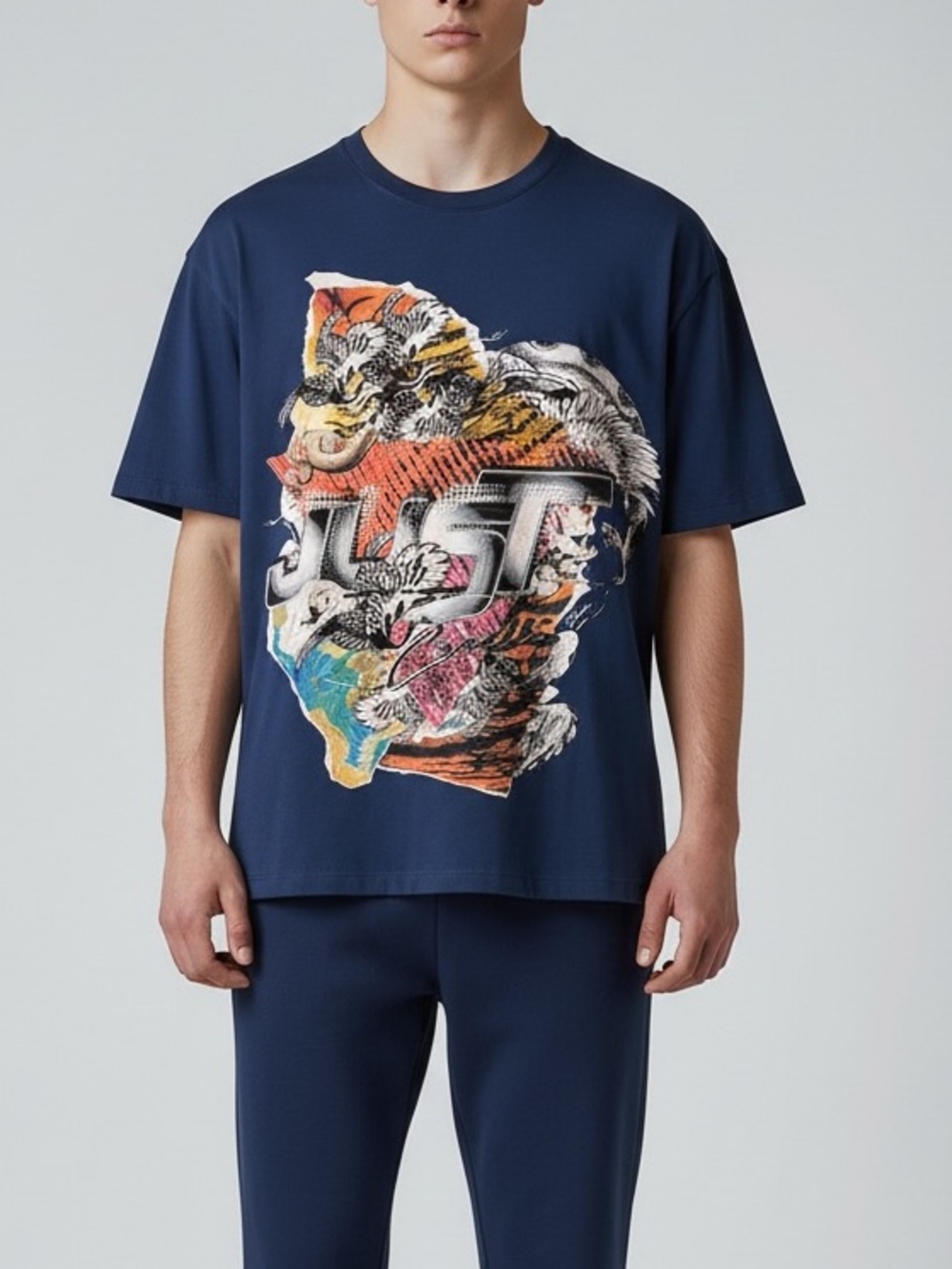 Just Cavalli Graphic Tee | Navy Blue Snake Dragon Animal Art T-Shirt | Size M